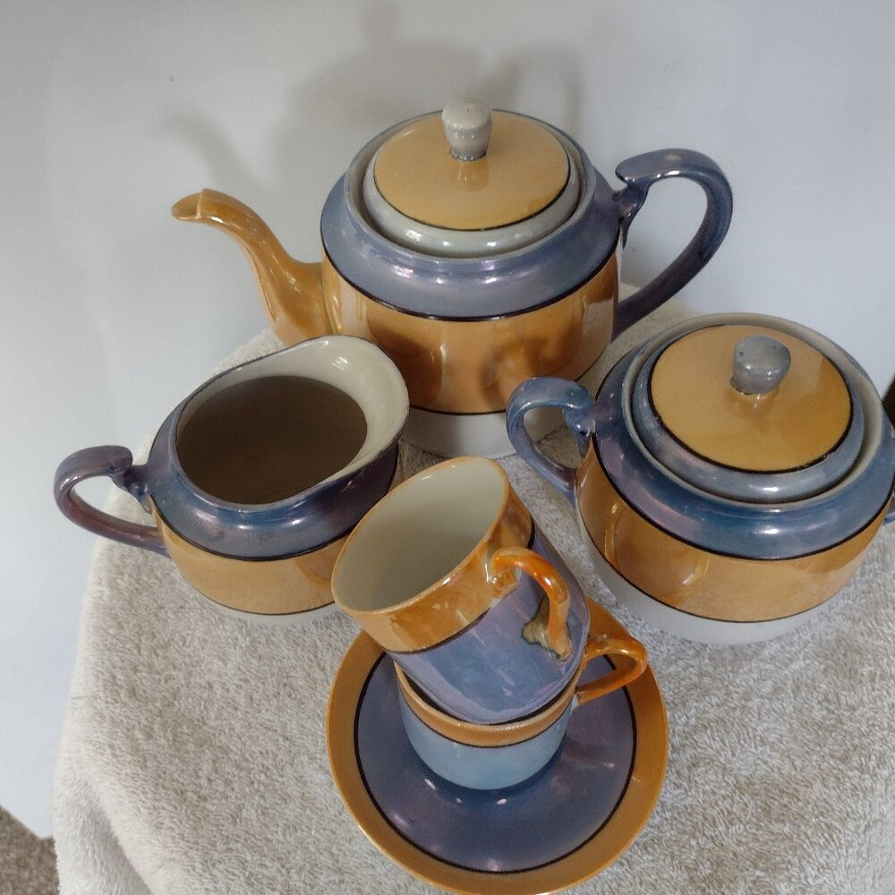 Share Vintage Lusterware Blue Gold Orange Iridescent Sugar, Creamer & Teapot Set